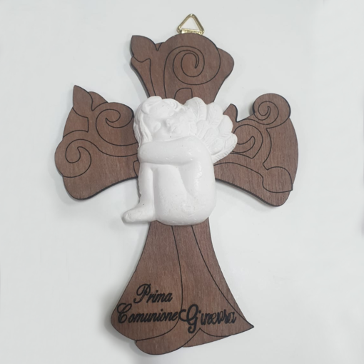 Immagine di Crocifisso in Ciliegio con Angioletto in Gesso Prima Comunione